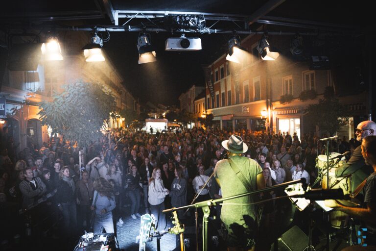 Musiker spielt bei der Kunstnacht Murnau 2025 auf der Bühne vor großem Publikum.