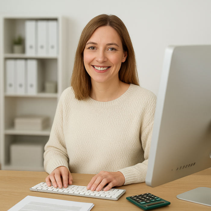 Eine freundliche Frage Mitte Dreißig sitzt an einem Bürotisch in einem weißen Pulli am PC. Hinter ihr sind Büroordner. Bild für die Stellenausschreibung für eine Buchhälterin.