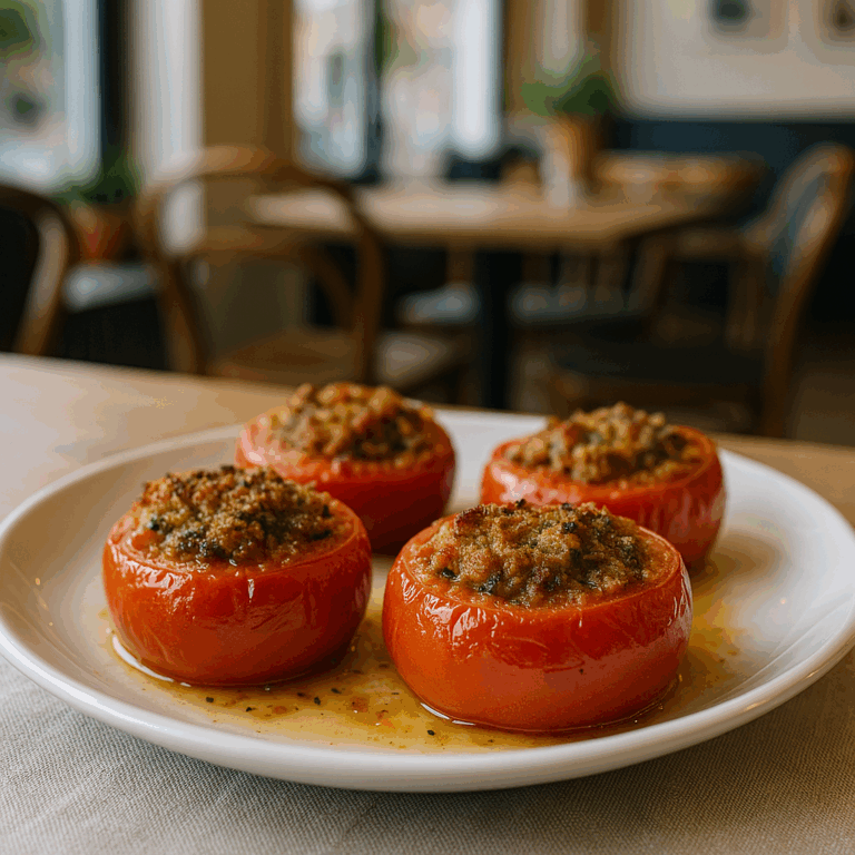 Gefüllte Tomaten à la provençale auf einem weißen Teller im Café CouCou, serviert während der Französischen Woche in Weilheim