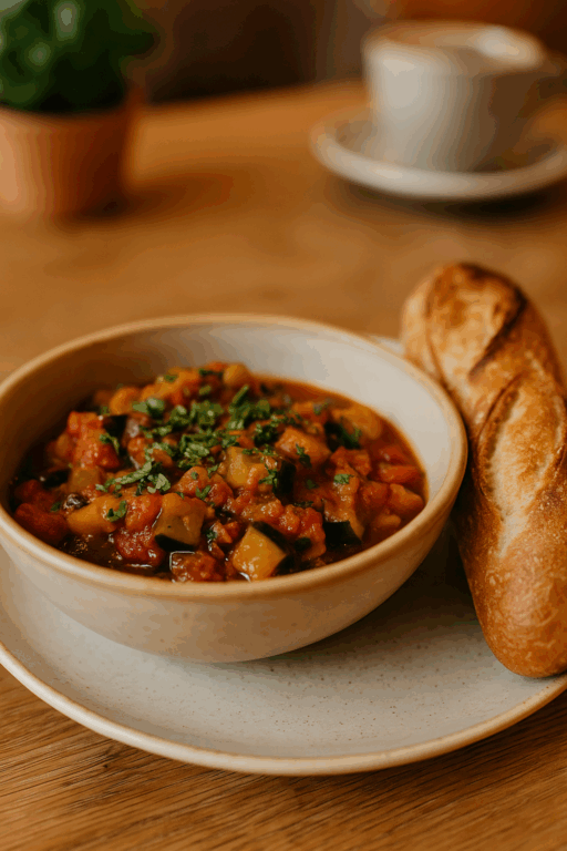 Bowl mit buntem Ratatouille und knusprigem Baguette im Café CouCou in Weilheim, serviert auf einem hellen Teller