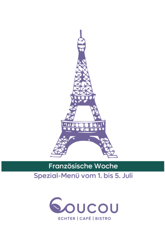 Französische Woche Menü 2025 Titelseite. Der Eifelturm steht prominent auf der Seite und das Logo von Café Coucou