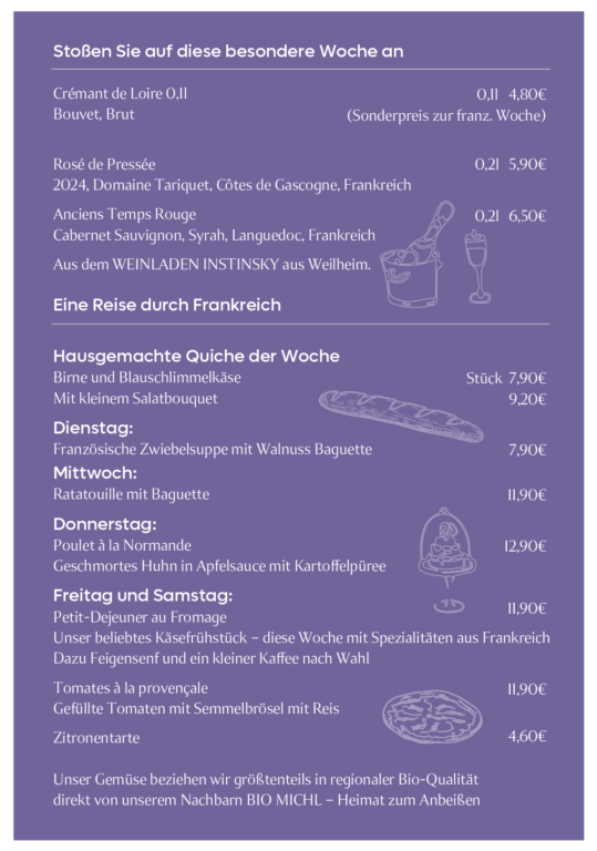 Sommerkarte im Café Coucou für die Französische Woche 2025 in Weilheim
