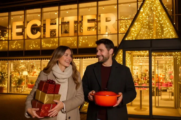 Ein Paar steht vor festlich beleuchtetem Echter-Mode-Geschäft mit Geschenken und Le Creuset-Topf und freut sich über die schönen Einkäufe.