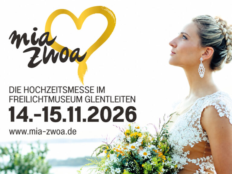 Mia Zwoa Hochzeitsmesse am 14. und 15. November 2026 im Freilichtmuseum Glentleiten. Rechts eine Braut mit Blumenstrauß, links das Logo mit gelbem Herz.