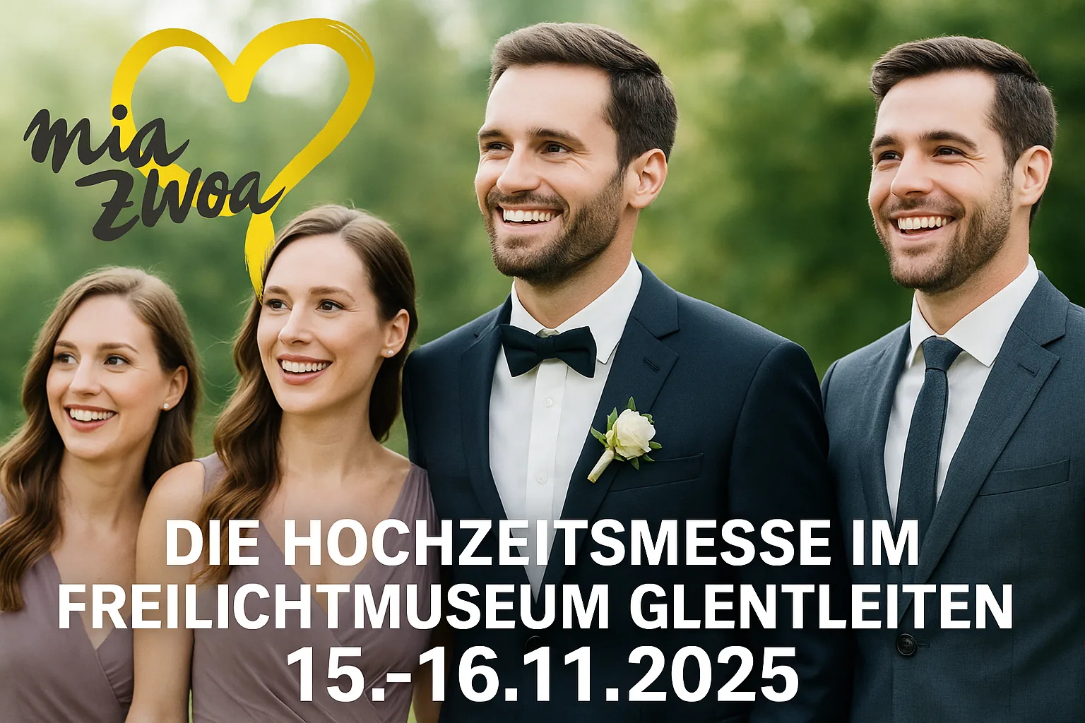 Bräutigam, Trauzeuge und Hochzeitsgäste elegant gekleidet – Echter Mode auf der Mia Zwoa Hochzeitsmesse im Freilichtmuseum Glentleiten, 15.–16. November 2025.
