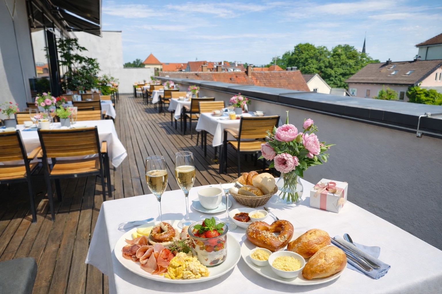 Muttertagsbrunch im Café Coucou in Weilheim mit liebevoll gedecktem Tisch, Frühstücksauswahl und Prosecco in stilvoller Atmosphäre.