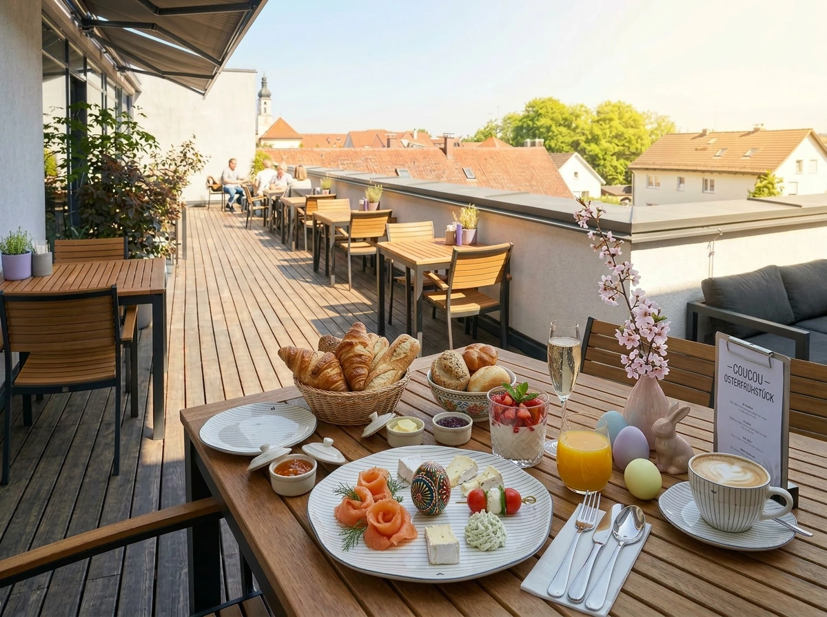 Osterfrühstück auf der Dachterrasse des Café Coucou in Weilheim mit elegant angerichtetem Teller mit Frühstück, Prosecco, Osterdeko und Menü-Aufsteller „Coucou – Osterfrühstück".