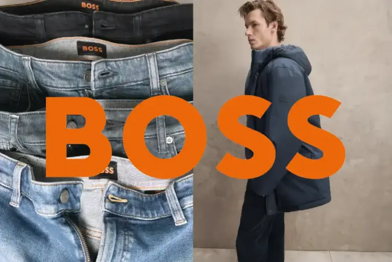 BOSS Hosen und ein männliches Model in einer BOSS Jacke mit dem Schrittzug BOOS in orange.