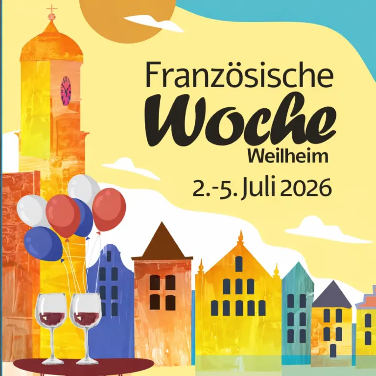 Illustration zur Französischen Woche in Weilheim mit farbiger Stadtkulisse, Weingläsern und Datum 2.–5. Juli 2026.